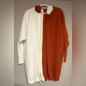 Colorblock Longline Open Front Sweater Cardigan - Cream & Rust